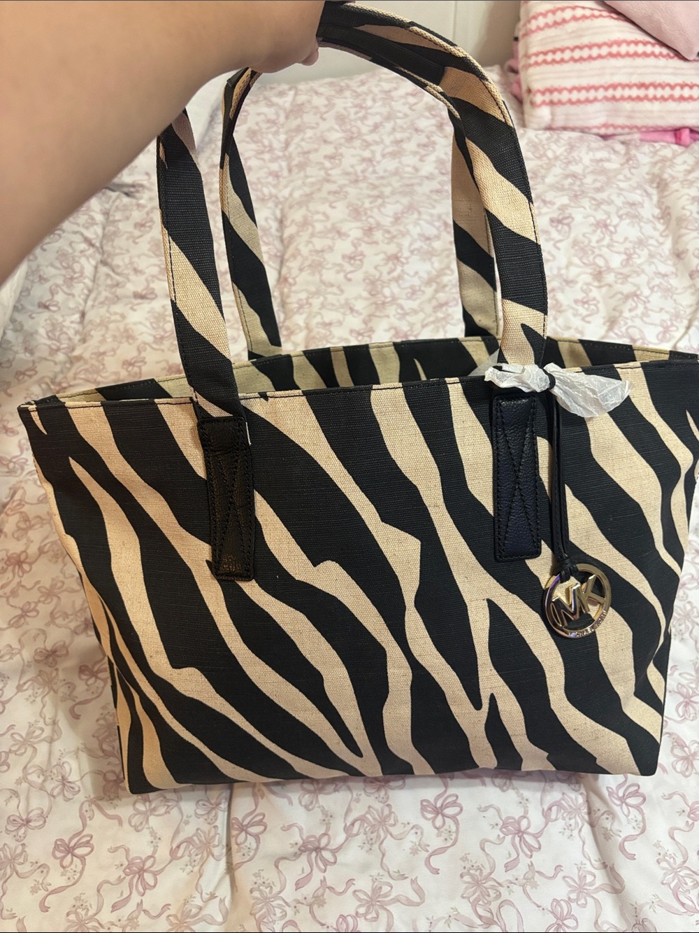 NWOT Michael Kors Black & Cream Zebra-Print Canvas Tote with MK Charm